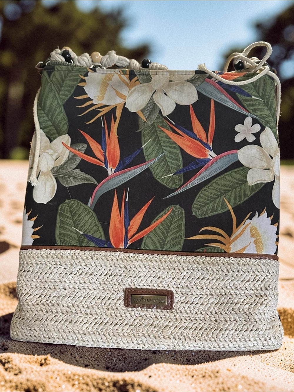 Caribbean Joe Tropical Floral Crossbody Bag Straw Bottom Beaded Strap